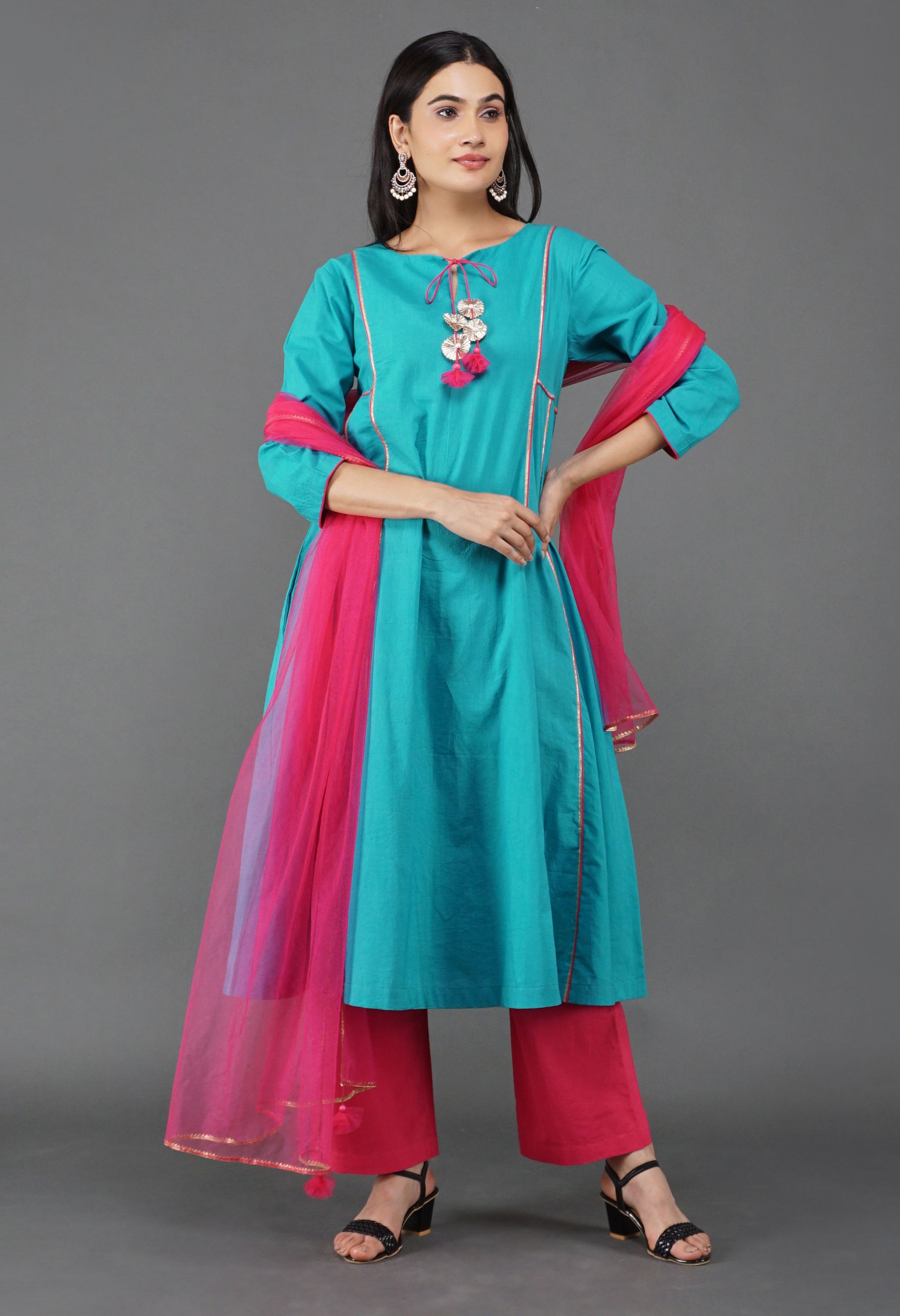 Aqua Blue Cotton Kurta Set | Aqua Blue Kurta Set For Women